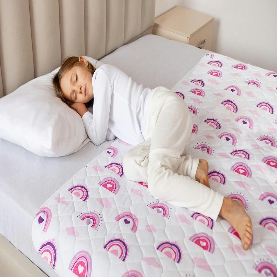 image 1 of Toddler Potty Training Bed Pads - Soft Waterproof Bedwetting Pee Protector Mat for Kids - Incontinence Mattress Sheet Absorbs Up to 2000ml - 135 x 85cm, Rainbow White | Rainbow | Double