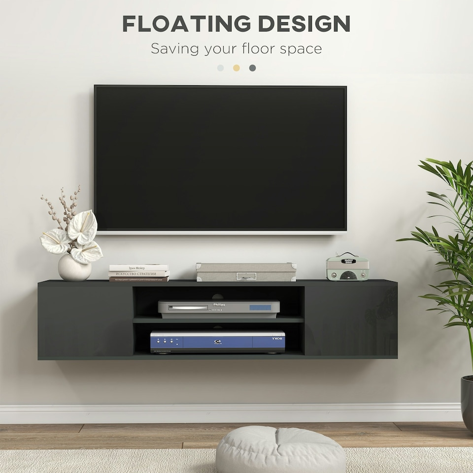 image 1 of HOMCOM Floating TV Unit for 60" TVs W/ Shelves and Cabinets, Grey