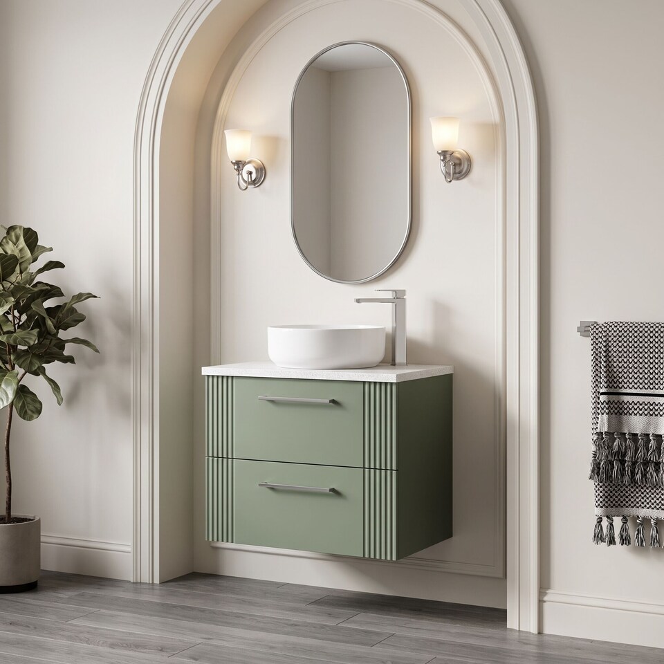 image 1 of Balterley Partial Fluted 2 Drawer Wall Hung Vanity Unit with Sparkling Laminate Worktop | Green | Satin Green