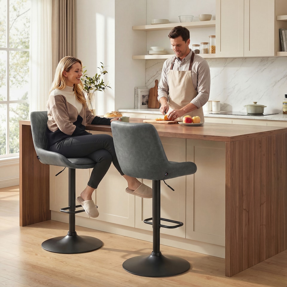 image 1 of HOMCOM PU Leather Padded Bar Stools Set of 2 with Metal Base, Dark Grey