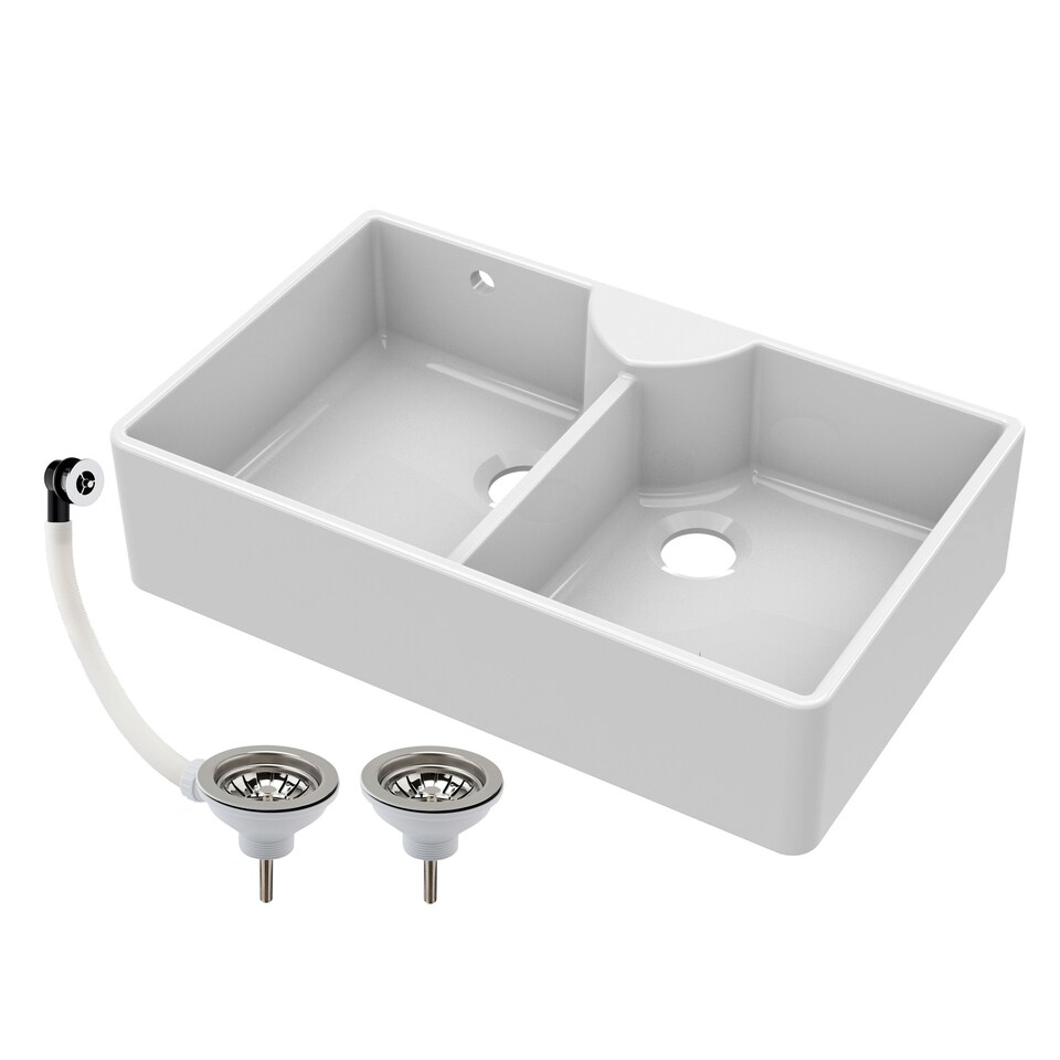 image 1 of 895mm - Two Bowl Fireclay Butler Kitchen Sink -  Stepped Weir, Overflow, ledge & Wastes