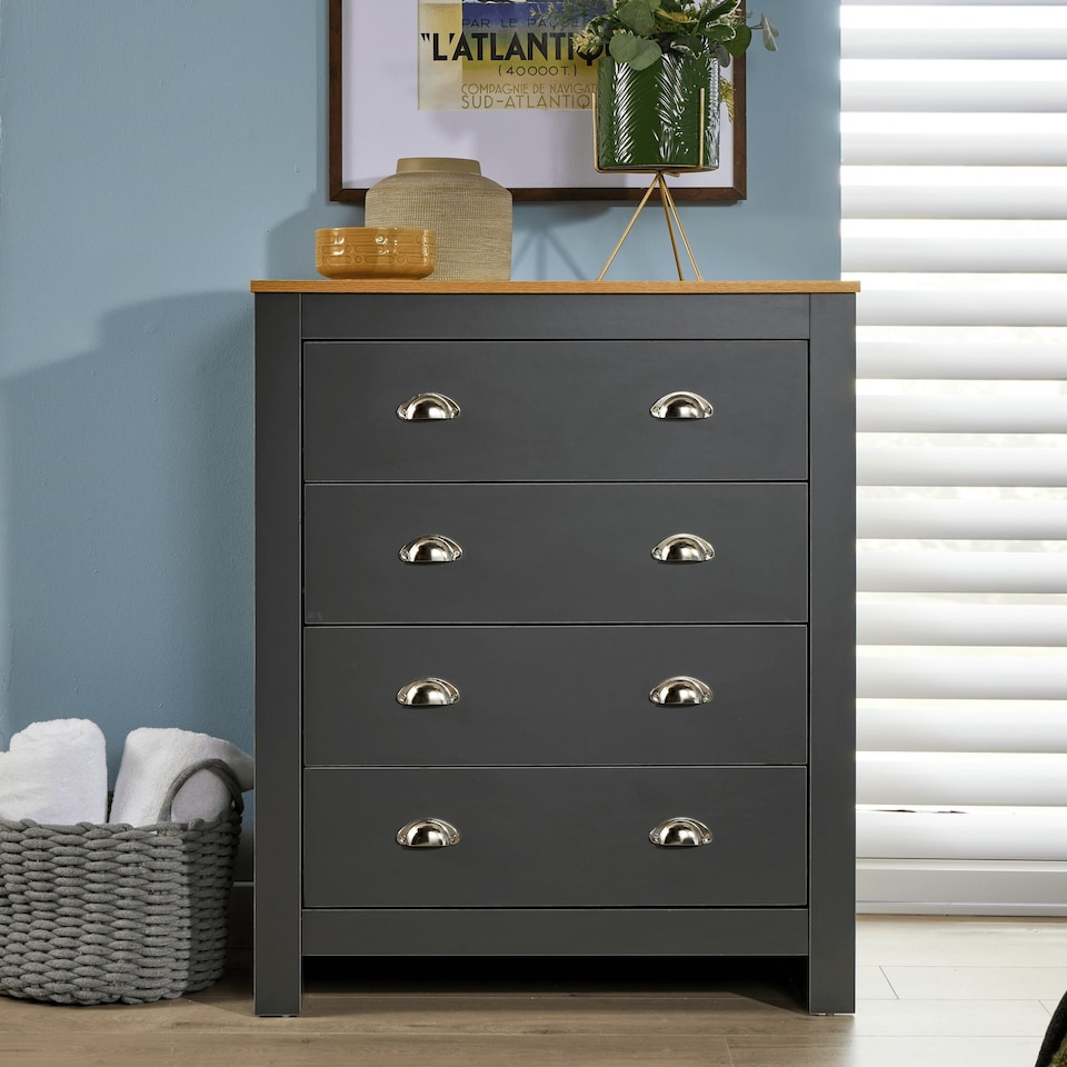 image 1 of Chest 4 Drawers Bedroom Furniture Oak Top Metal Handles Grey