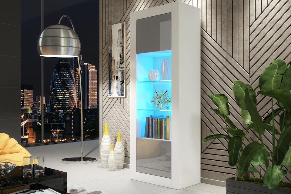 image 1 of Display Cabinet Bookcase Sideboard Storage Cabinet Cupboard Grey High Gloss LED 170cm