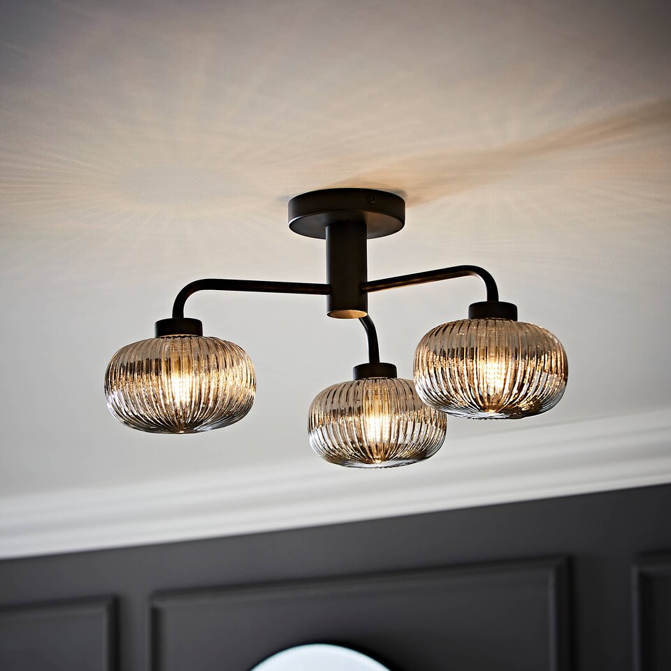 image 1 of ValueLights Amaia Black IP44 3 Way Smoke Ribbed Glass Ceiling Light & Bulbs | Black