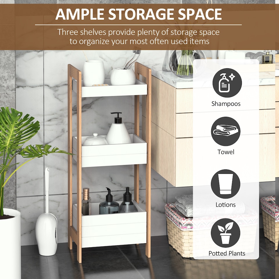 image 1 of HOMCOM 3-Tier Bathroom Rack Storage Shelf Bamboo Organiser Shower Tower for Narrow Place
