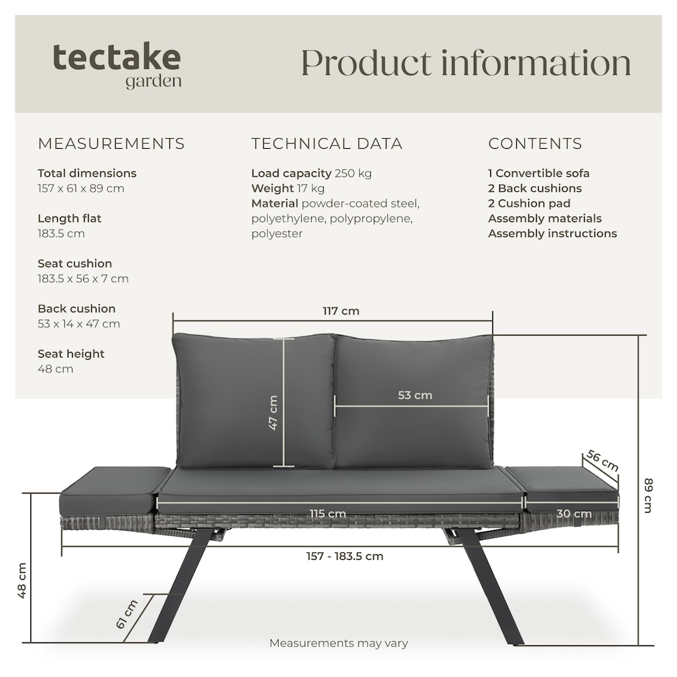 image 1 of Garden Sofa Sintra - multi-functional, UV and weather resistant | Grey | grey | 61 x 157 x 89 cm | 1