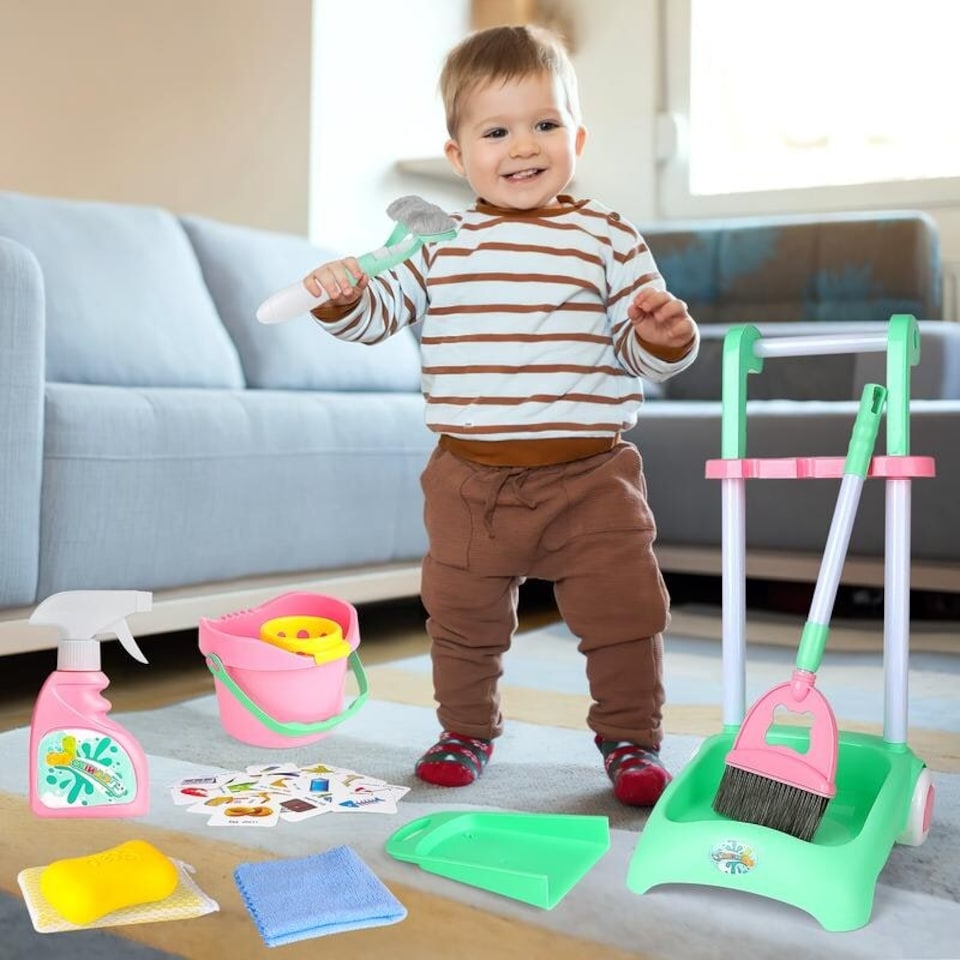 image 1 of Kids Cleaning Trolley Set - Housekeeping Pretend Play Set with Broom, Mop, Brush & Dustpan - Fun Cleaning Toys for Boys & Girls Aged 3-6, Perfect Gift for Toddlers