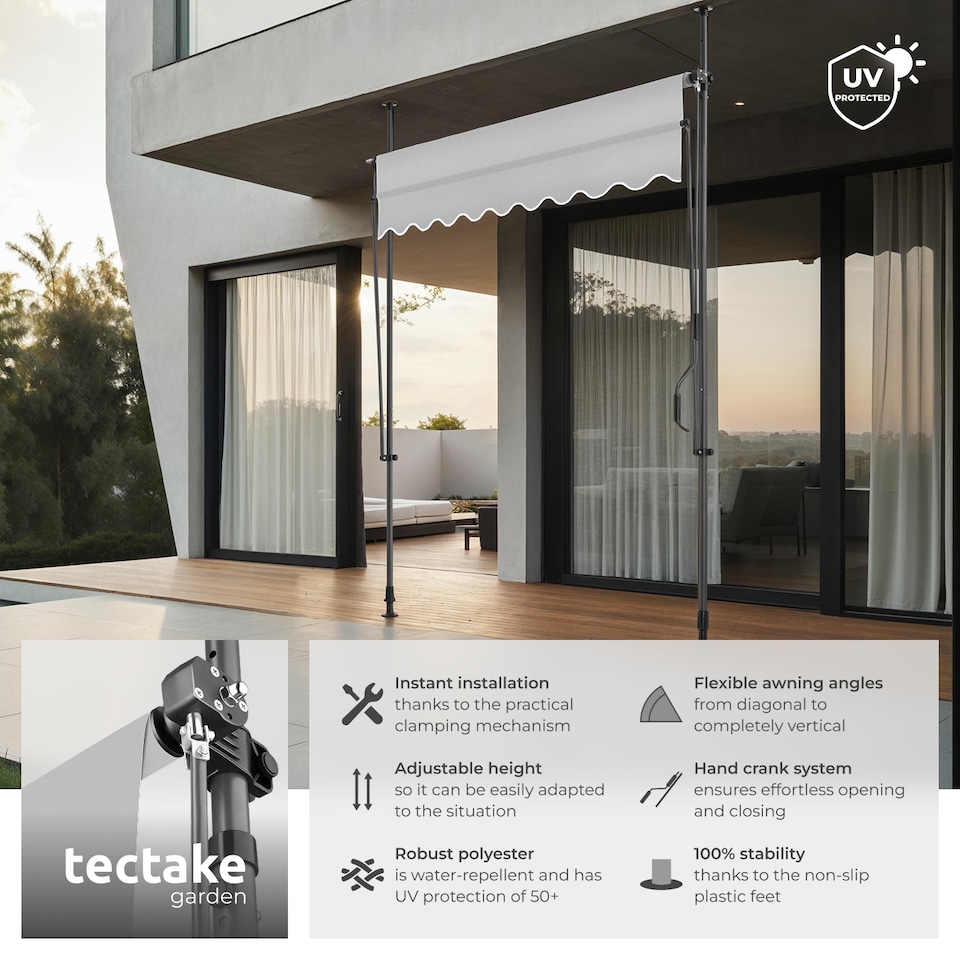 image 1 of Awning with hand crank - pressure fitted , height adjustable | Grey | light grey | 200 x 180 cm | 1