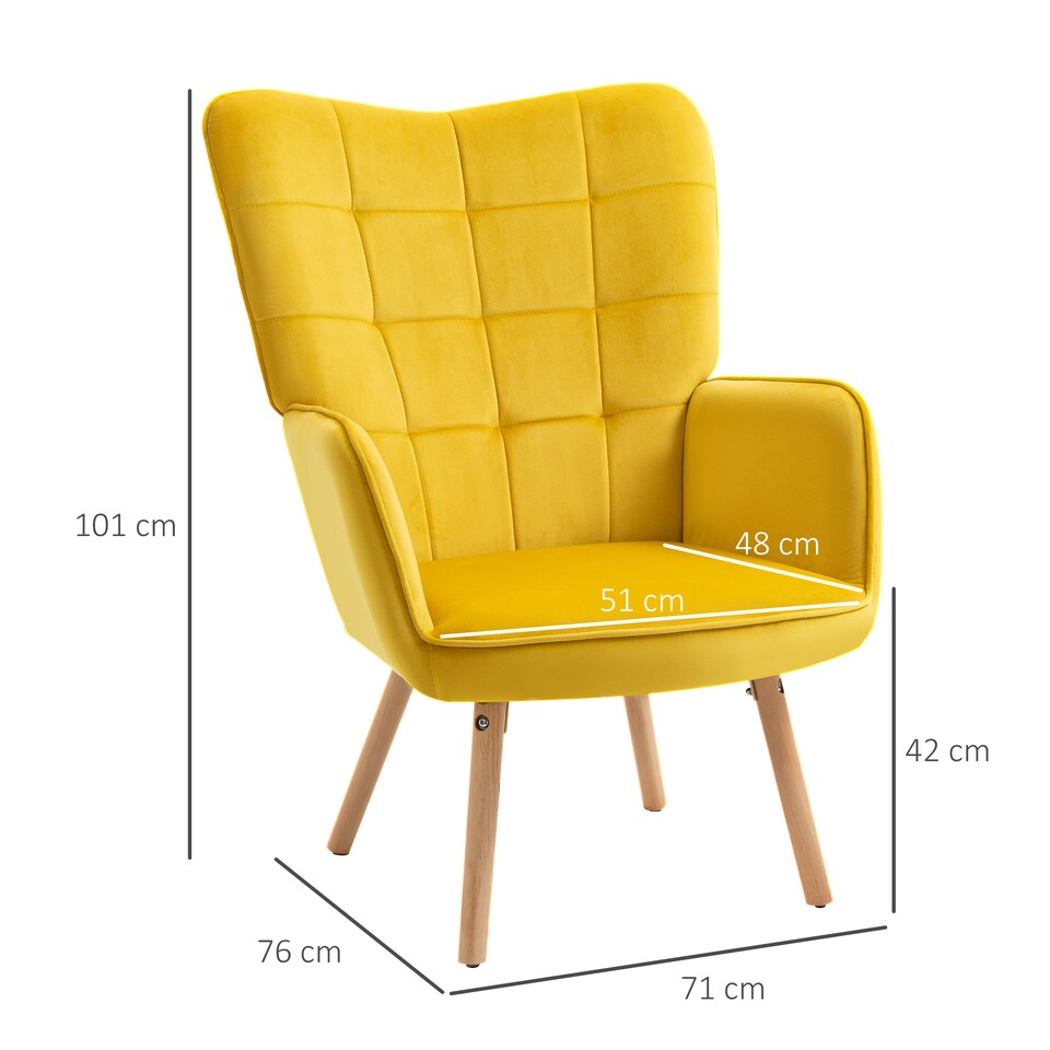 image 1 of HOMCOM Modern Accent Chair, Upholstered Tufted Wingback Armchair with Seat Padding, Velvet Leisure Lounge Bedroom Chair with Wood Legs, Yellow