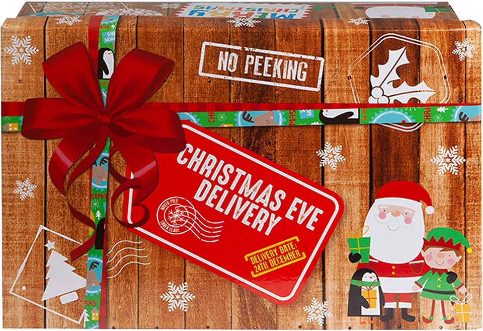 image 1 of VFM e-Store Wooden Christmas Eve Favour Box - Brown with Red Accents