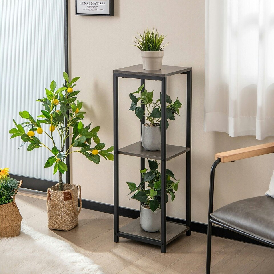 image 1 of COSTWAY 3 Tier Metal Plant Stand Corner Plant Holder Grey