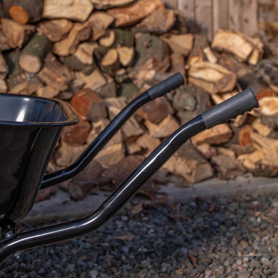 image 1 of 90 Litre 150kg Capacity Heavy Duty Outdoor Galvanised Pneumatic Metal Garden Wheelbarrow in Black