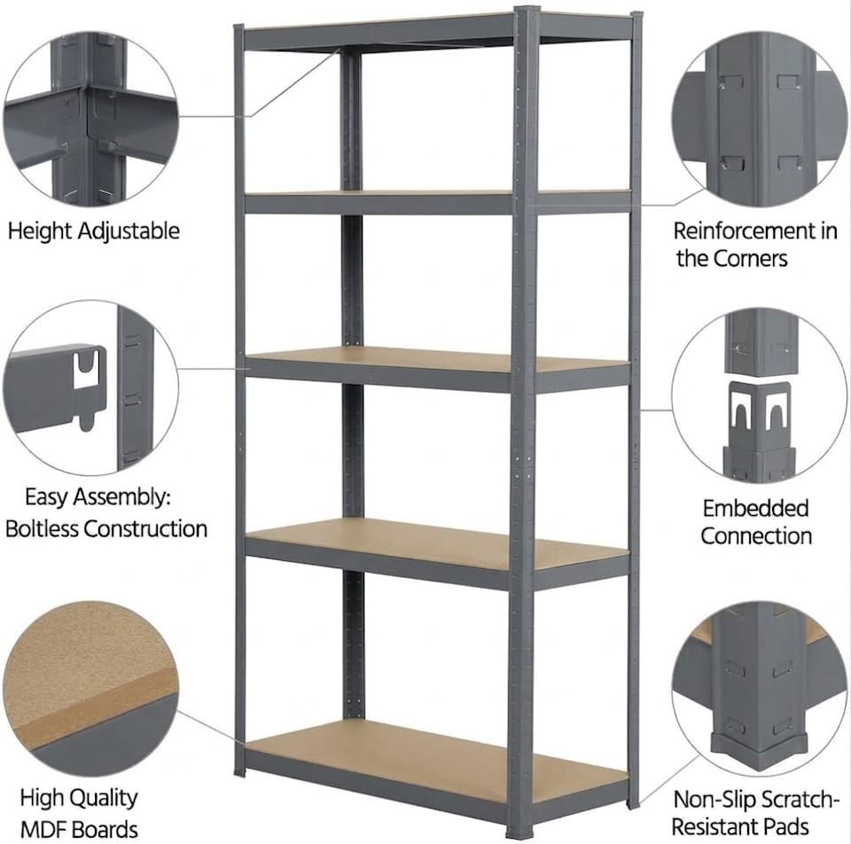 image 1 of Shelving Unit Grey Boltless Heavy Duty 5 Tier  – 180cm Tall, 375kg Capacity Garage Racking