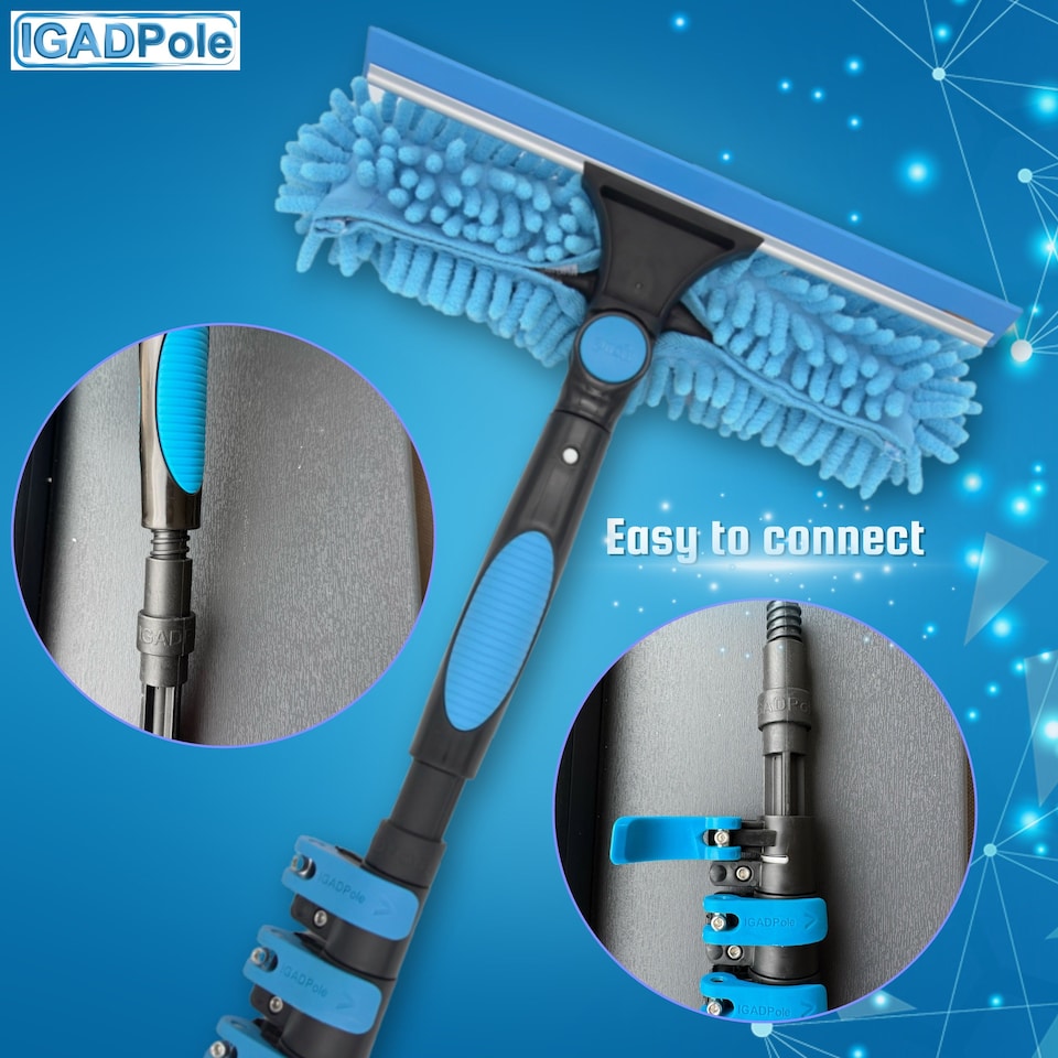 image 1 of 5ft Window Squeegee with Extension Pole, Window Cleaner Tool with 1-Stage Telescoping Pole, Window Cleaning Kit with 5ft Pole (1.3m) & Microfiber Cloths, 2 Blades Replacements & ACME Adapter