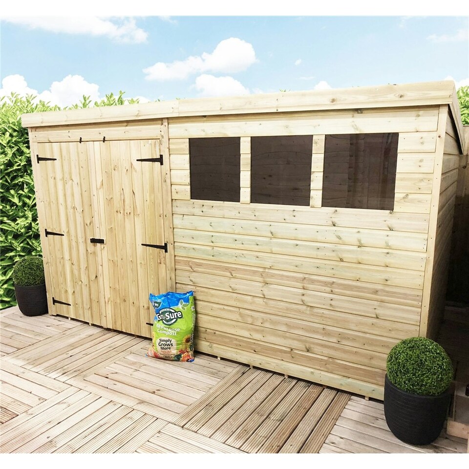 image 1 of 14 x 3 Garden Shed Pressure Treated T&G PENT Wooden Garden Shed - 3 Windows + Double Doors (14' x 3' / 14ft x 3ft) (14x3)