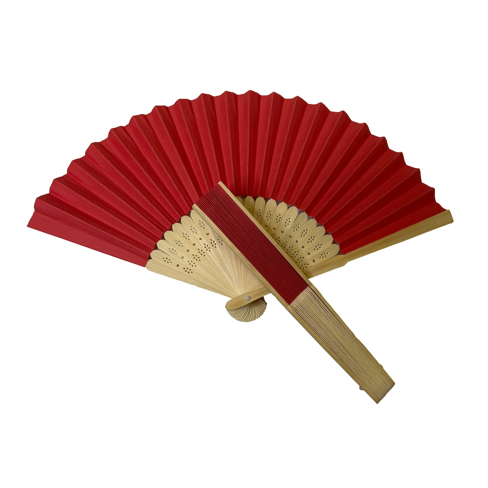 image 1 of Red Paper Foldable Hand Held Bamboo Wooden Fan by Parev