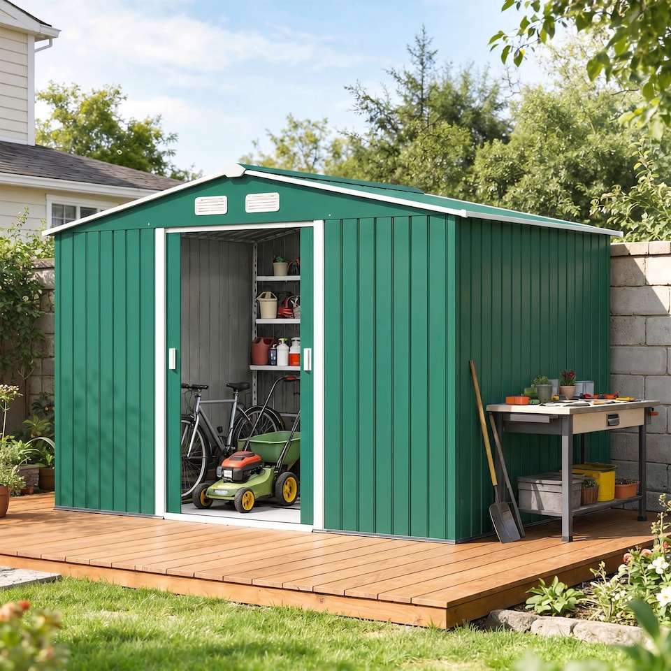 image 1 of Outsunny 9 x 6FT Galvanised Garden Storage Shed with Sliding Door, Green | Green