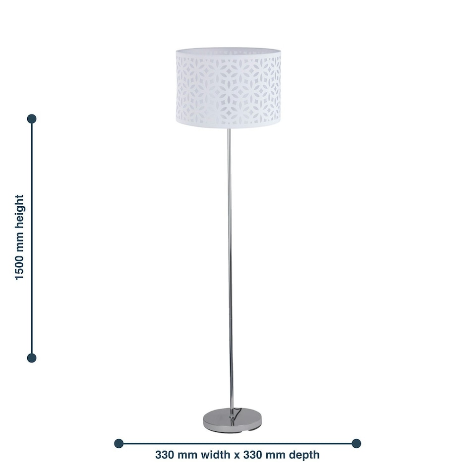 image 1 of First Choice Lighting Chrome Stick Floor Lamp with White Laser Cut Shade Chrome | White