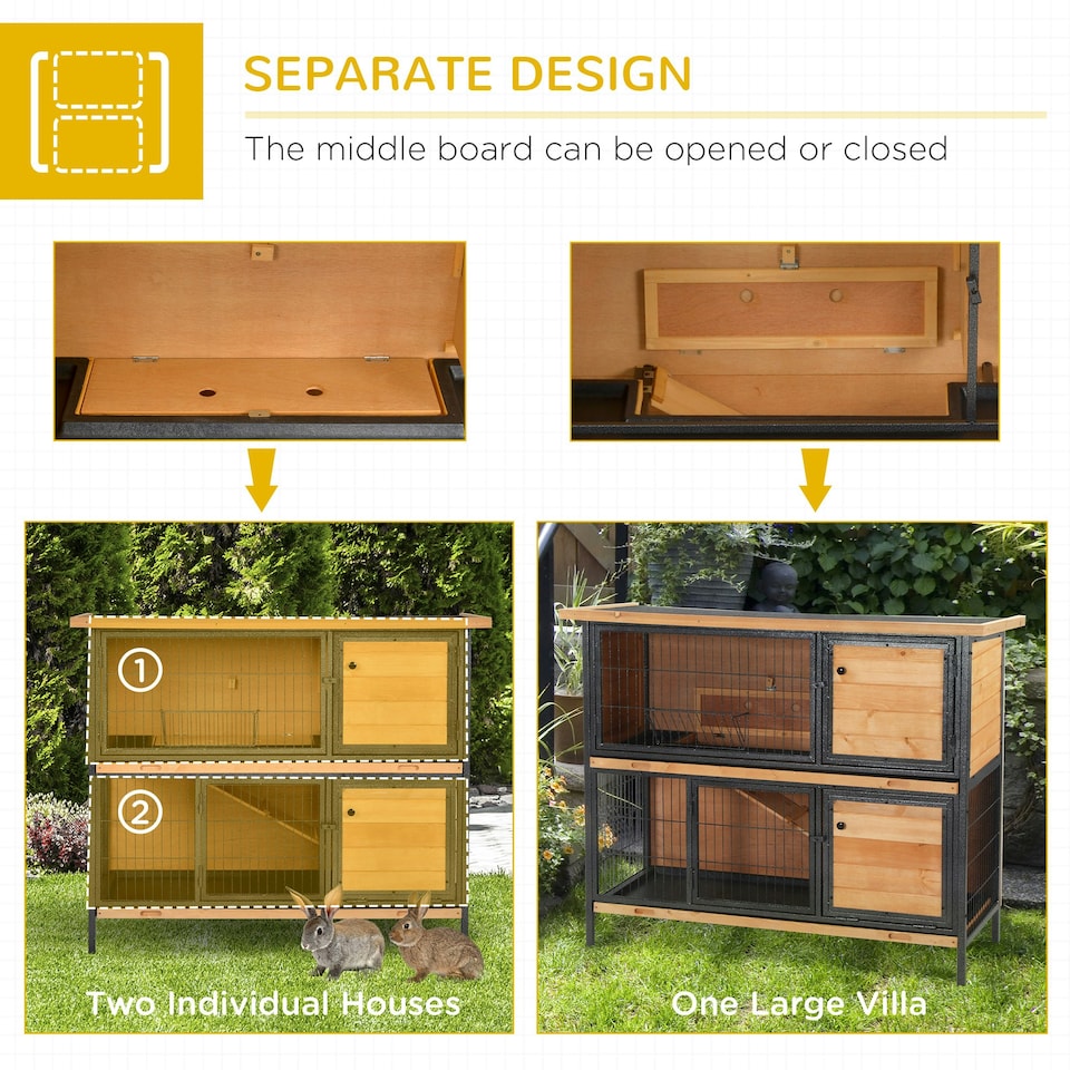 image 1 of PawHut Rabbit Hutch, Guinea Pig Hutch Outdoor Cage w/ Tray & Roof, Yellow
