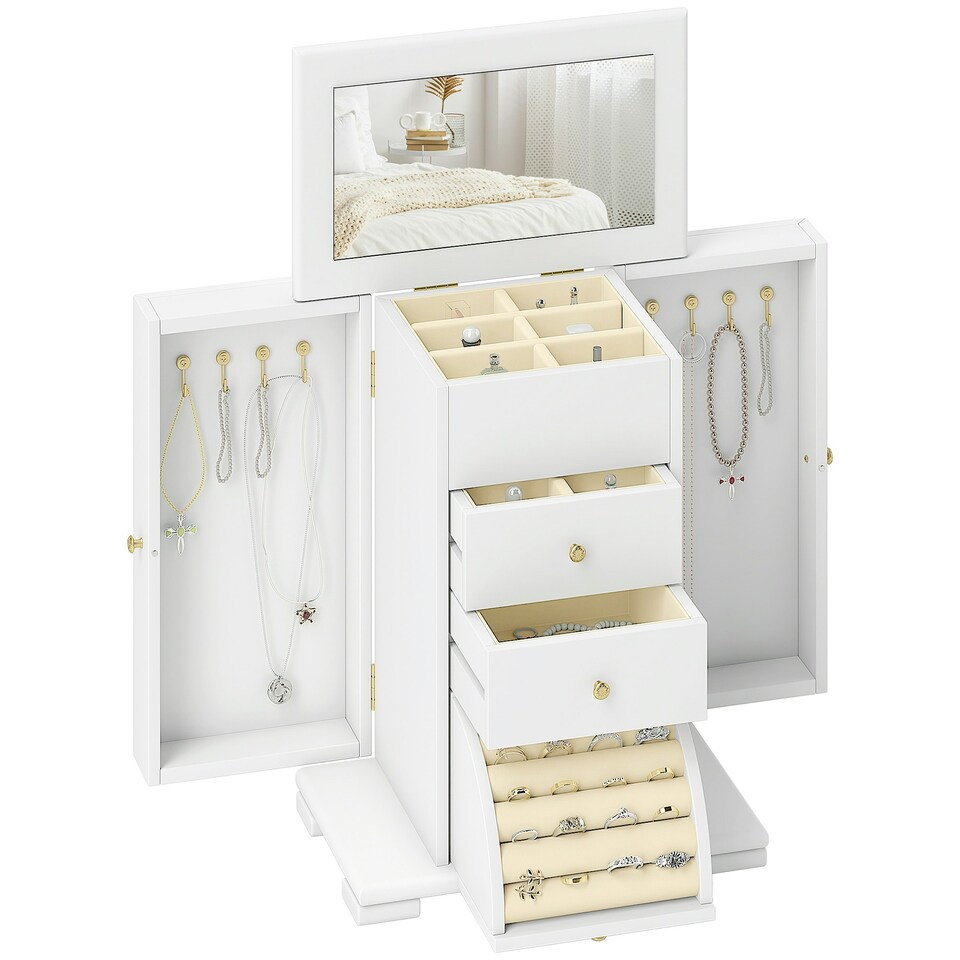 image 1 of HOMCOM 4-Tier Large Jewellery Box with Mirror and 2 Drawers, White