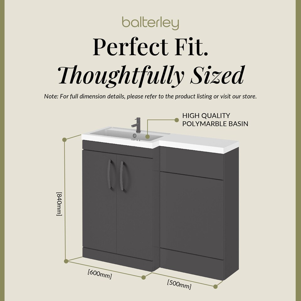 image 1 of Balterley Left-Hand Bathroom Vanity and WC Unit Combination with Basin, with Handles | Grey | Gloss Grey