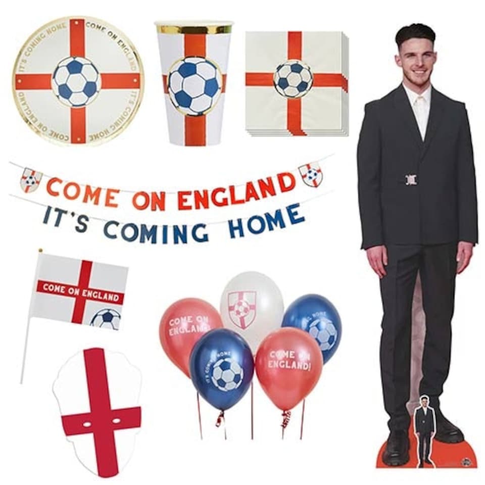 Come On England It's Coming Home Ultimate Party Pack with Declan Rice Cardboard Cutout and England Face Mask