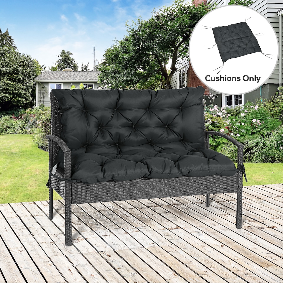 image 1 of Outsunny 2 Seater Garden Bench Cushion Outdoor Seat Pad with Ties | Black | Black | 1