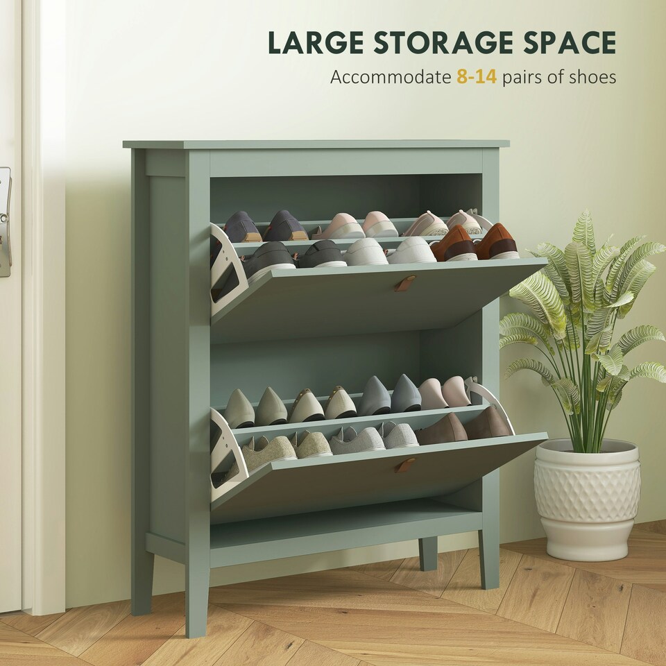 image 1 of HOMCOM 2 Drawer Shoe Cabinet with Flip Doors for Hallway, Entryway Green | 80W x 24D x 95.5H cm