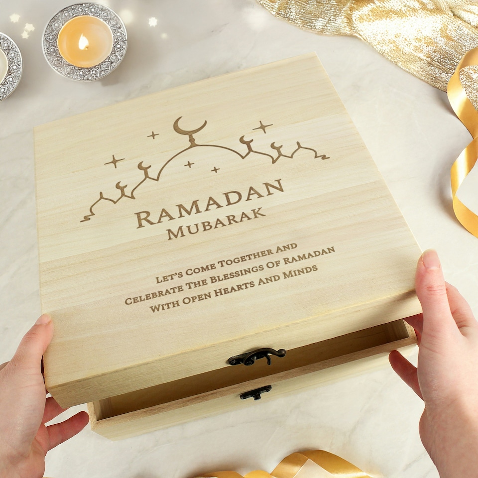 image 1 of Personalised Eid and Ramadan Large Wooden Keepsake Box Brown