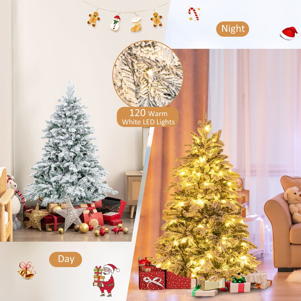 image 1 of COSTWAY 4.5FT Pre-lit Artificial Christmas Tree Hinged Flocked Xmas Tree with LED Lights