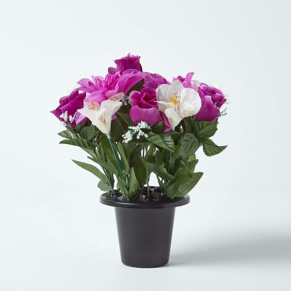 image 1 of Homescapes Set of 2 Purple, Orange & White Roses & Peonies Artificial Flowers in Grave Vases