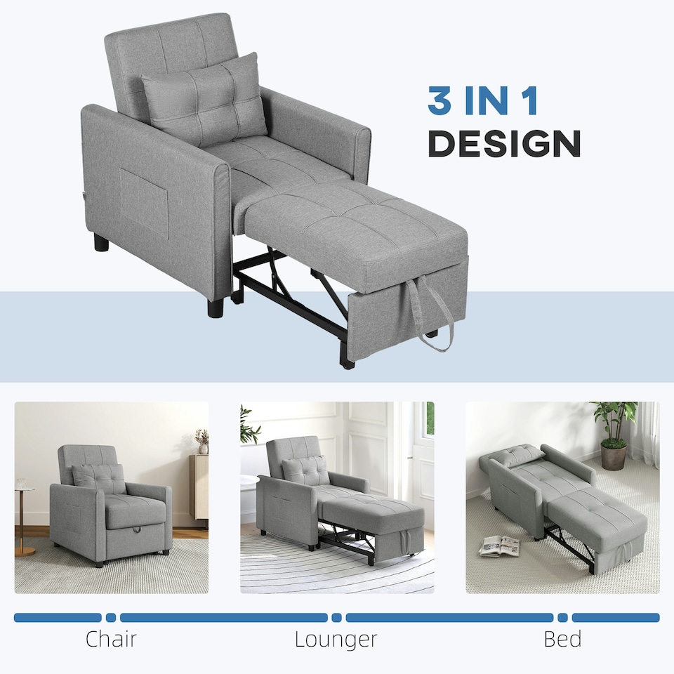 image 1 of HOMCOM Pull Out Chair Bed, Sleeper Chair with Pillow, Side Pockets, Light Grey