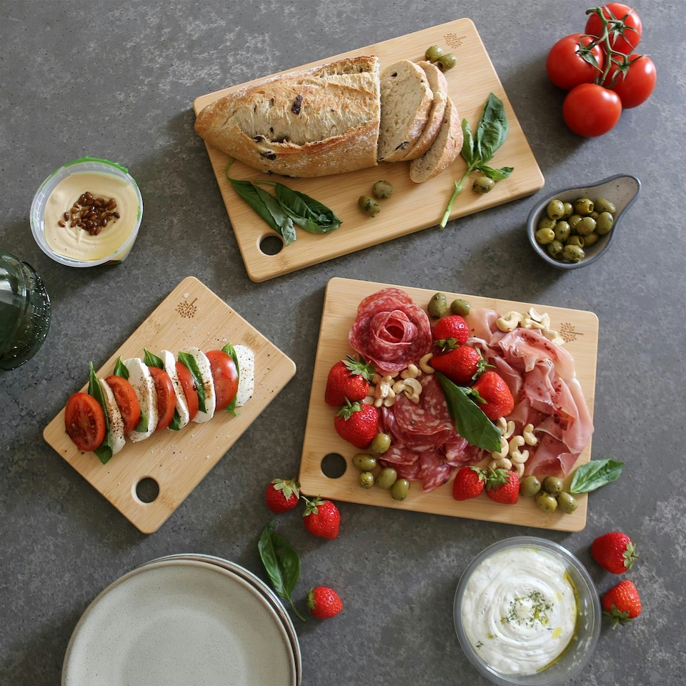 image 1 of Nicola Spring 3pc Bamboo Chopping Board Set 100% Bamboo Natural Cutting Serving Worktop Saver Boards Brown