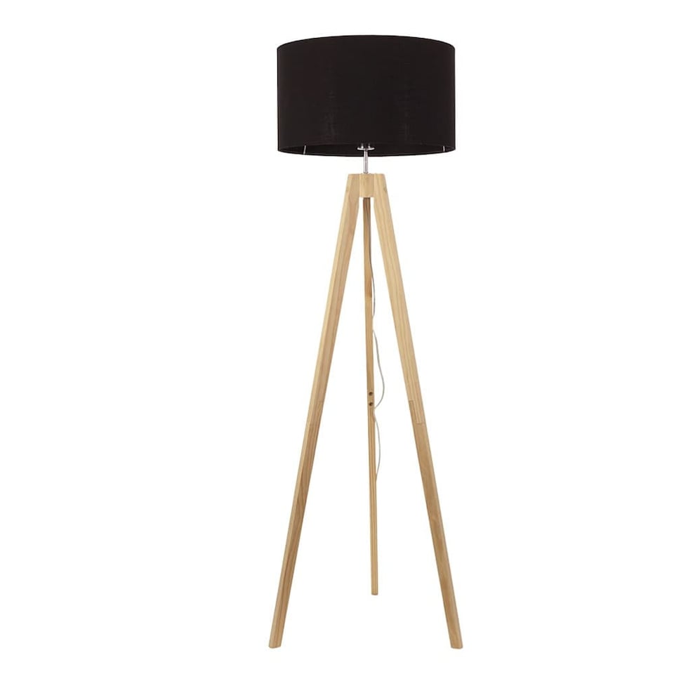 image 1 of ValueLights Jackson Natural Wood Tripod Floor Lamp with Black Fabric Lamp Shade & Bulb | Black