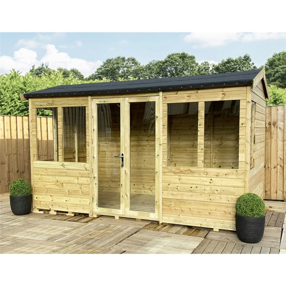 image 1 of 8 x 9 REVERSE Pressure Treated Tongue And Groove Apex Summerhouse + LONG WINDOWS + Safety Toughened Glass (8' x 9' / 8ft x 9ft) (8x9)