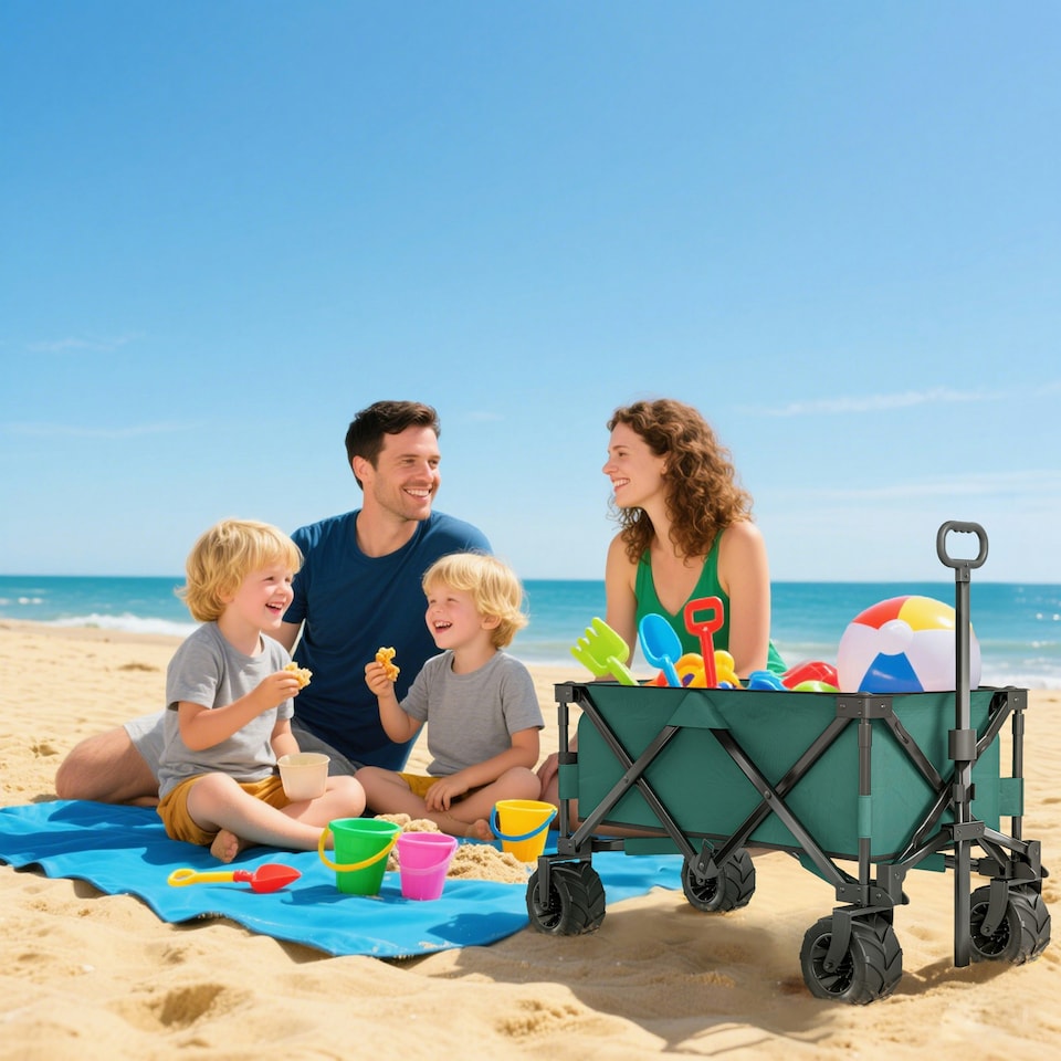 image 1 of Outsunny Outdoor Cart Folding Cargo Wagon Trailer Beach w/ Handle Dark Grey