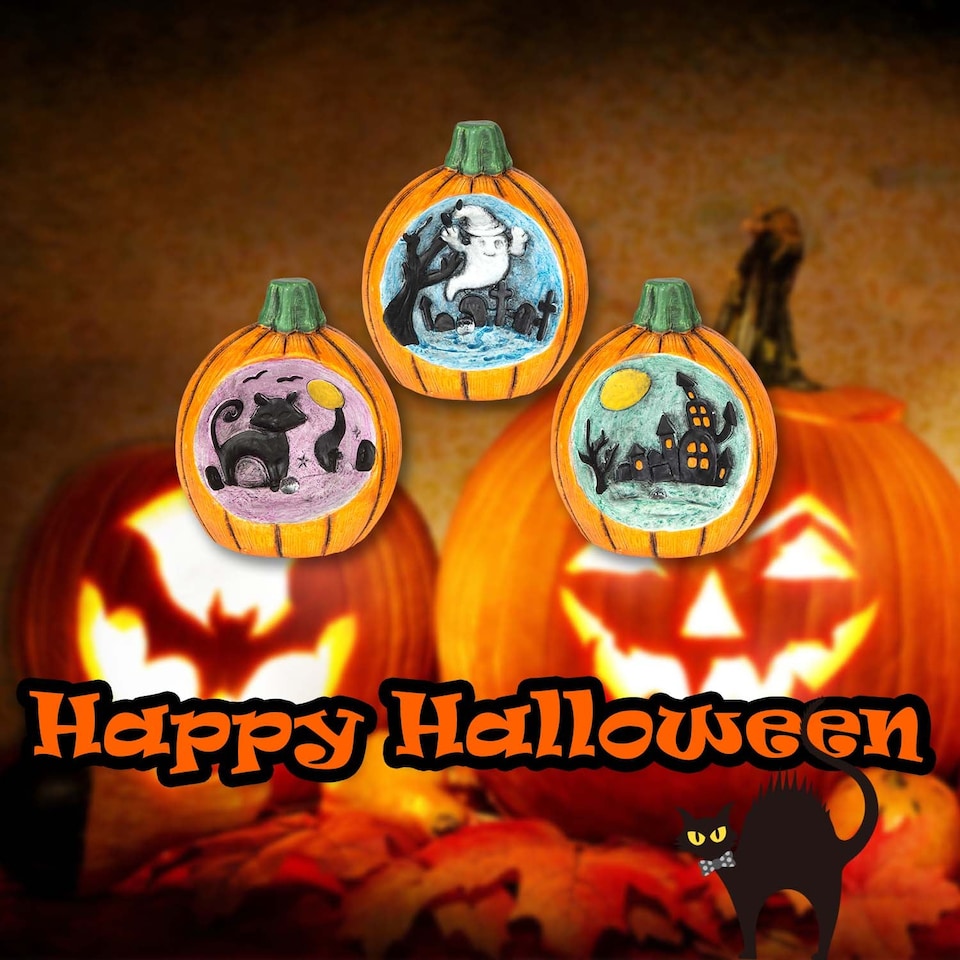 image 1 of vfm-estore Halloween LED Pumpkin Scenes 3-Pack - Cat, Ghost, House Multicolour Decorations