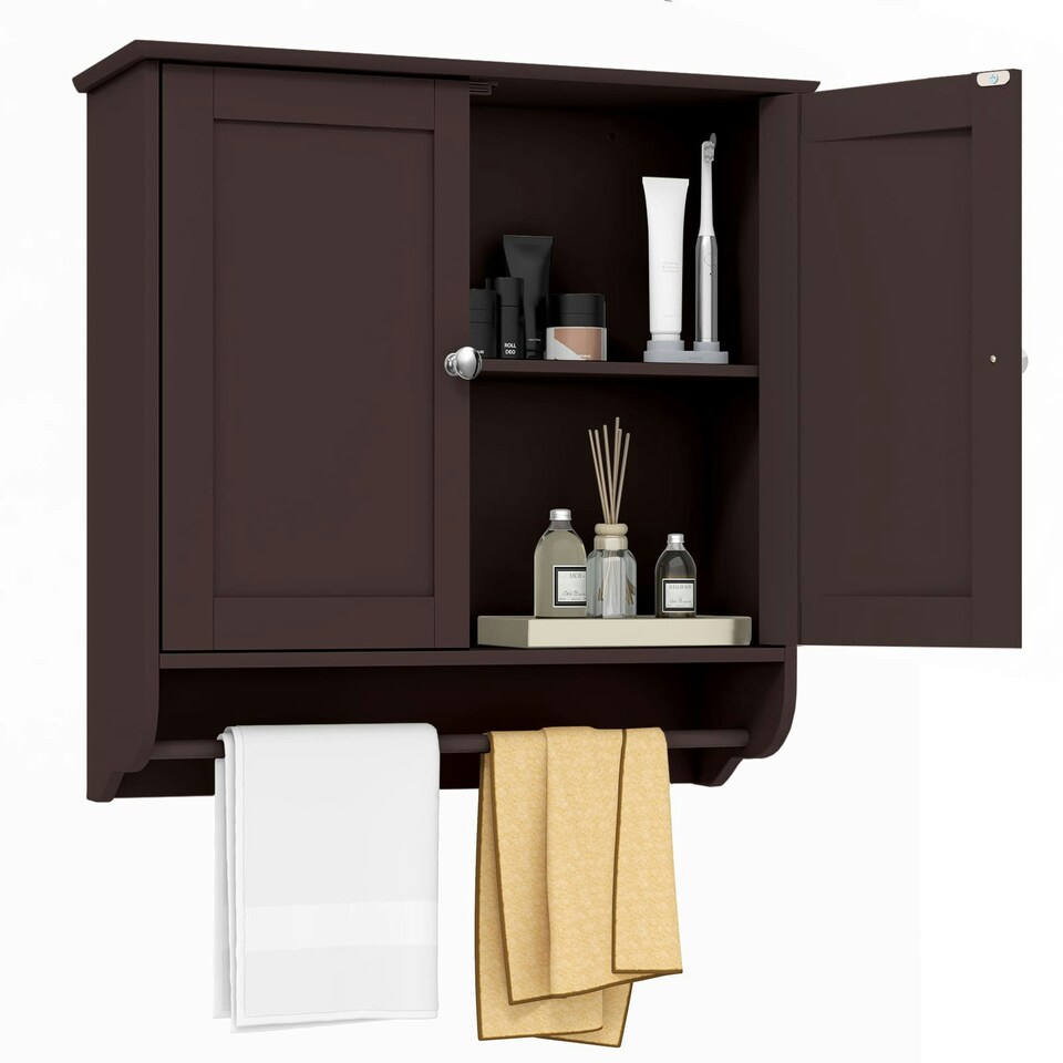 image 1 of COSTWAY Wall Mounted Bathroom Cabinet Medicine Storage Brown Brown