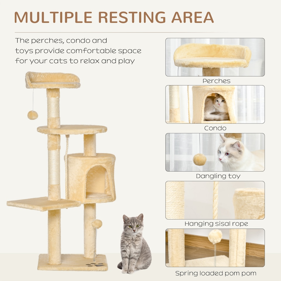 image 1 of PawHut Pet Activity Centre Cat Tree Condo with Scratching Post 4-Tier Beige