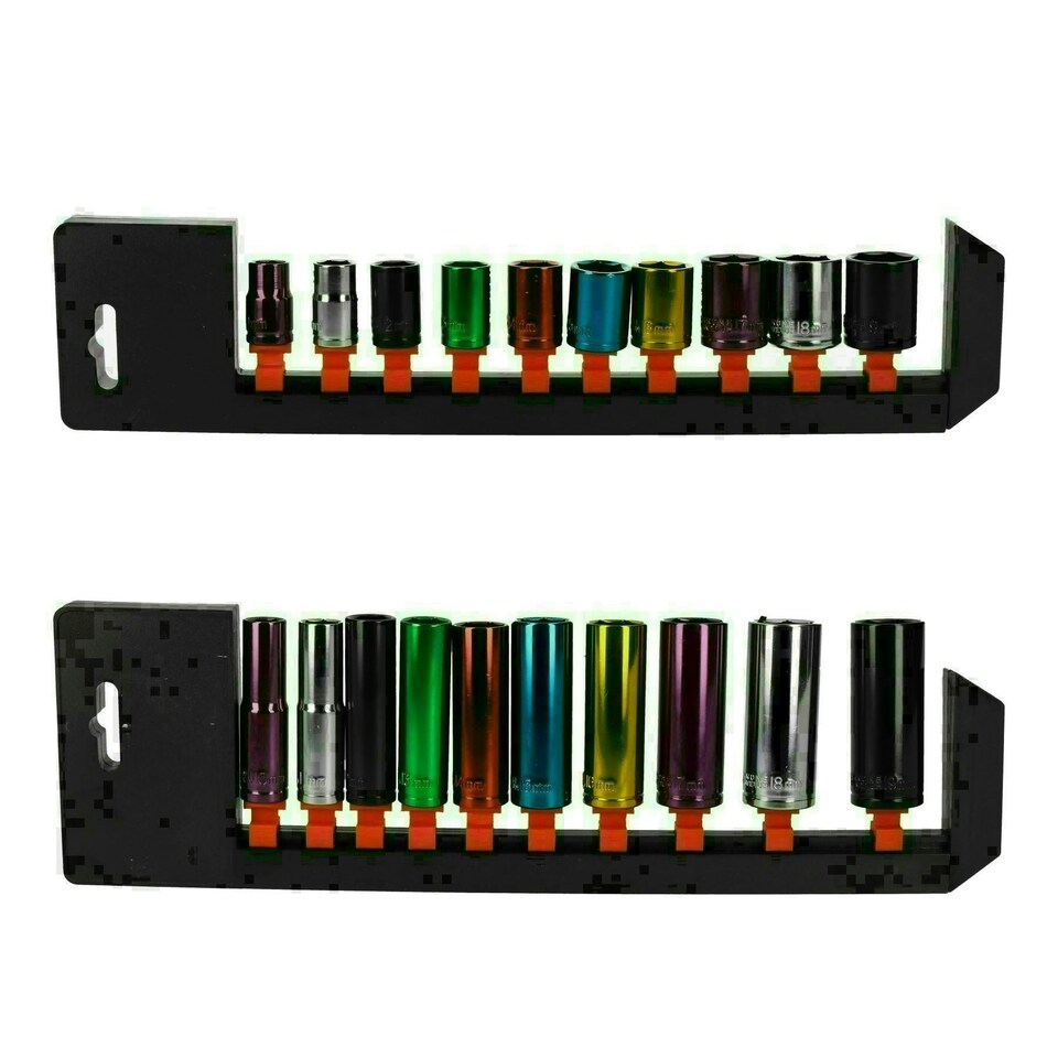 image 1 of 20pc Coloured 3/8" Dr Shallow & Deep Sockets 6 Point Hex Metric 10 - 19mm Rails