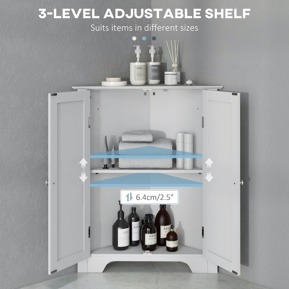 image 1 of kleankin Corner Bathroom Cabinet, Recessed Doors and Adjustable Shelf, White