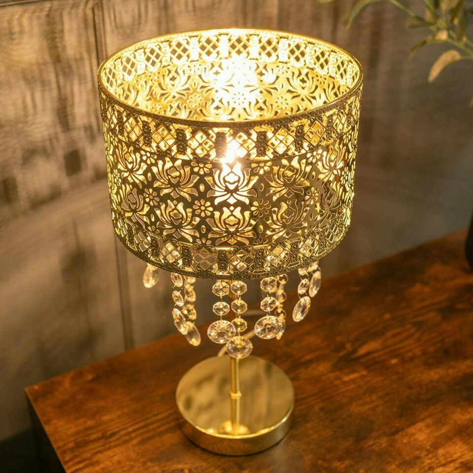 image 1 of ValueLights Enna Gold Moroccan Style Bedside Table Lamp with Acrylic Jewel Droplet Drum Lampshade - Bulb Included