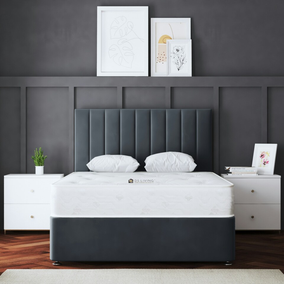 image 1 of Amelia Divan Bed with Upholstered Headboard - Grey (Steel) - Small Double