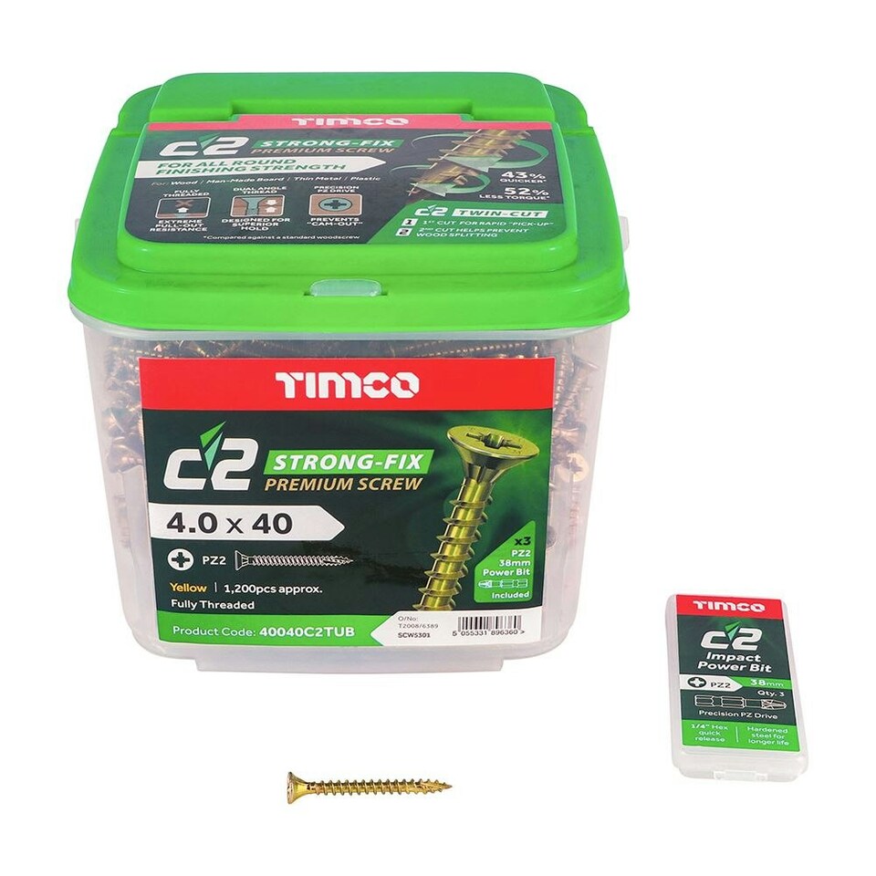 image 1 of Timco - C2 Strong-Fix Multi-Purpose Premium Screws - PZ - Double Countersunk - Yellow (Size 4.0 x 40 - 1200 Pieces)