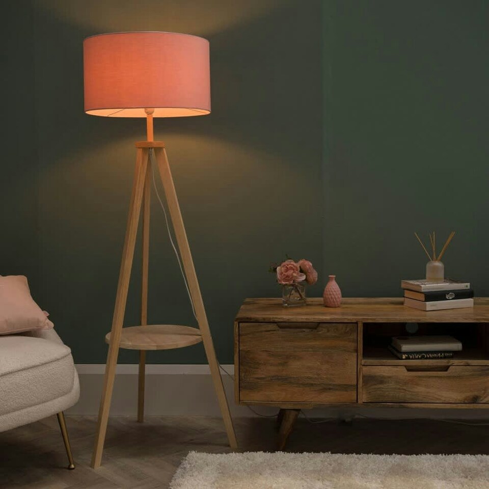 image 1 of ValueLights Morrigan Blush Shade Wooden Tripod Floor Lamp & Bulb Pink