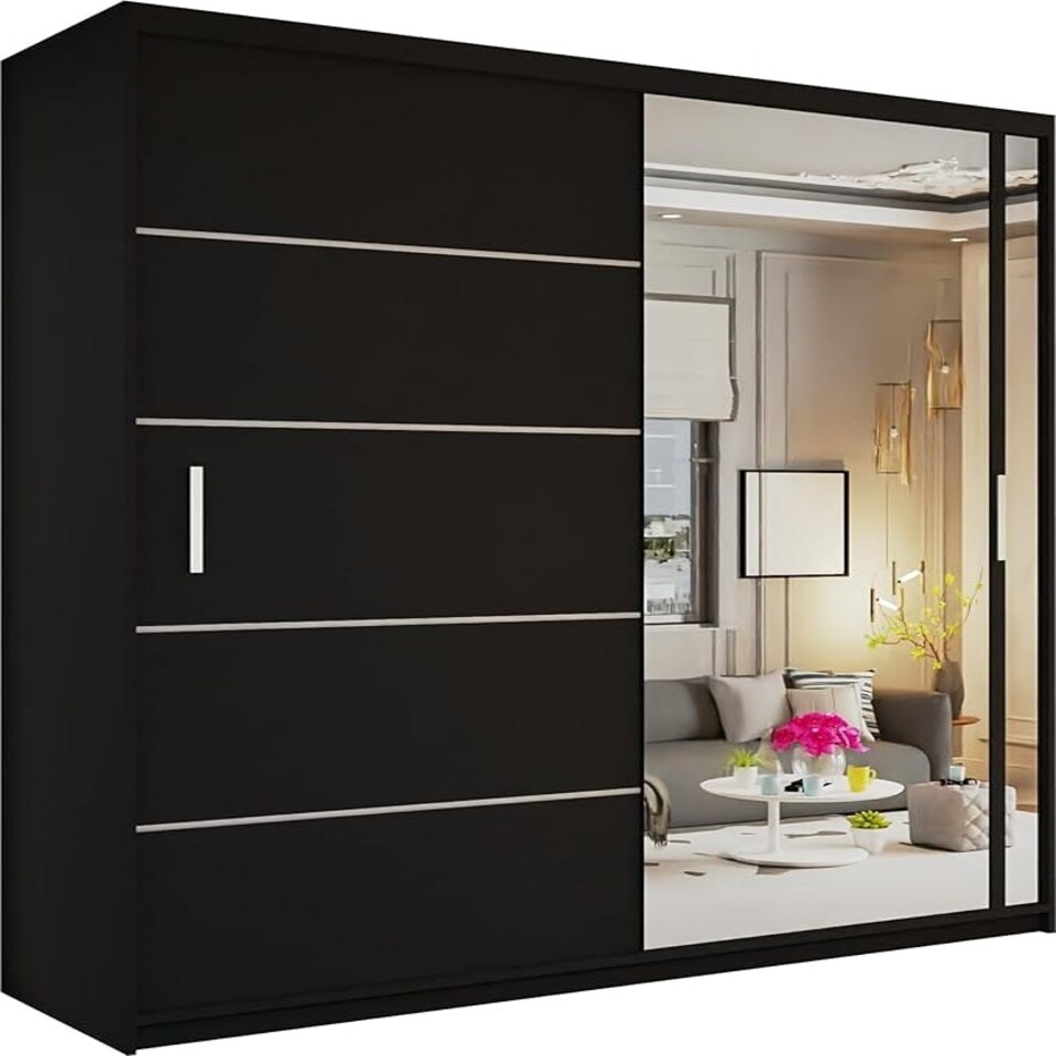 image 1 of Stylish 150cm Sliding Wardrobe with Full Mirror Door & Lined Panel Design | White, Black, Grey Finish Black | Black150cm 