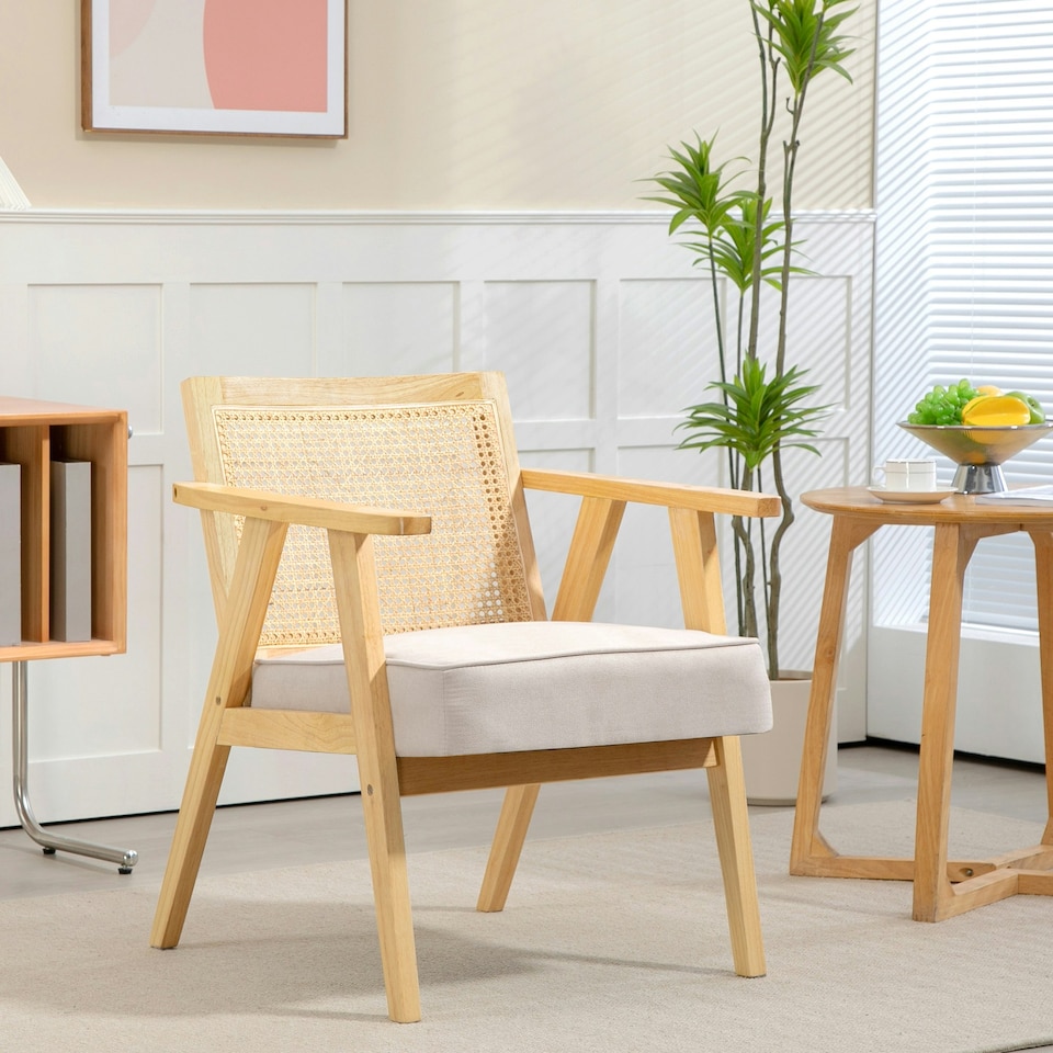 image 1 of HOMCOM Rattan Armchair with Wood Frame Seat Cushion for Living Room Bedroom