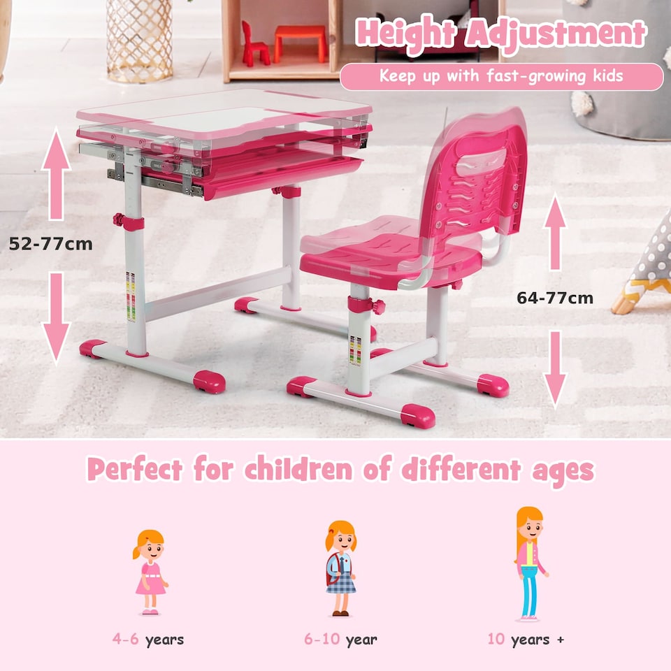 image 1 of COSTWAY Height Adjustable Kids Study Table and Chair Set with Tilting Tabletop-Pink
