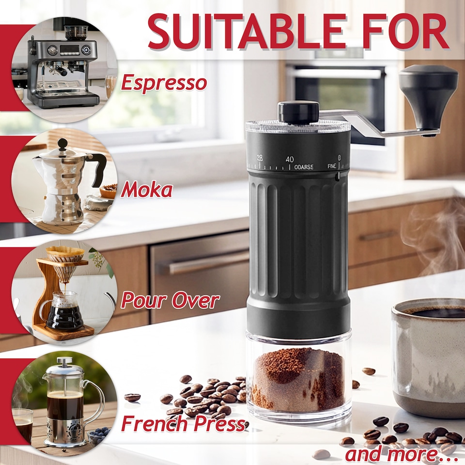 image 1 of SPARES2GO Manual Coffee Grinder Adjustable Ceramic Burr Kit for Aeropress, Espresso, Pour Over, French Press, Moka (30g Capacity)