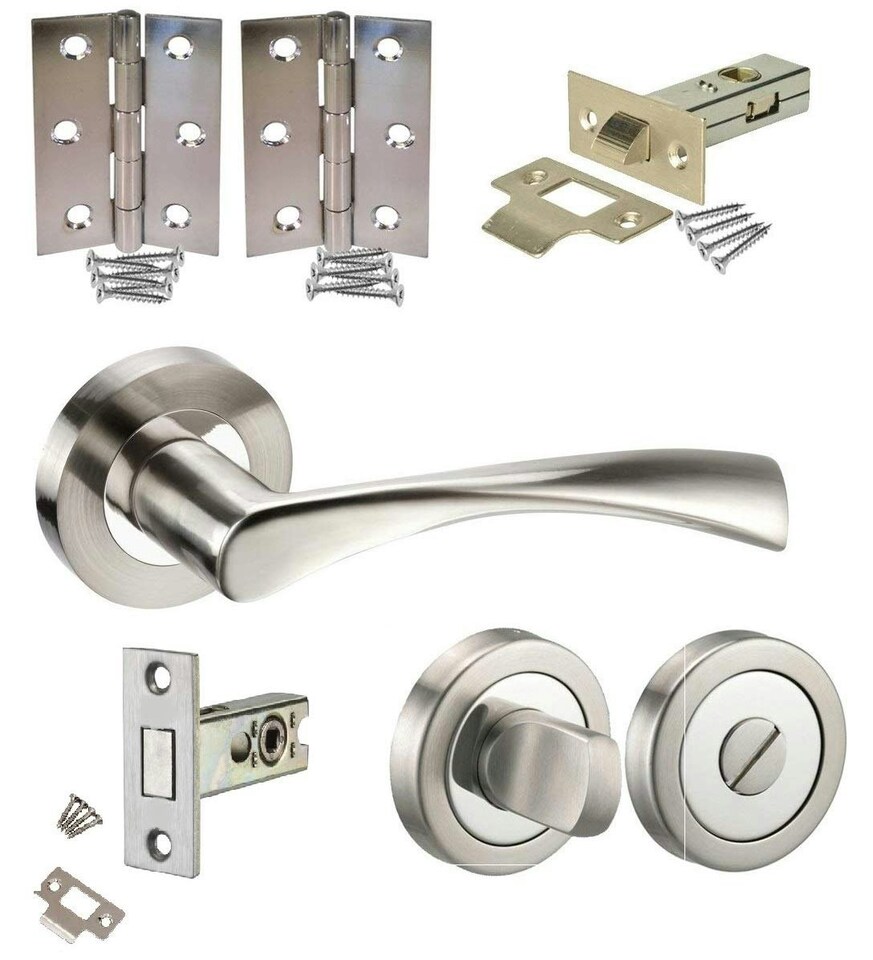 Golden Grace Astrid Design Modern Bathroom Door Handle Pack in Duo Chrome Finish with Deadbolt, Hinges & Tubular Latch | Grey | 1 Set